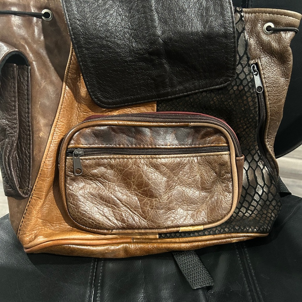 Brown Leather Patchwork Drawstring Backpack Bag - image 3